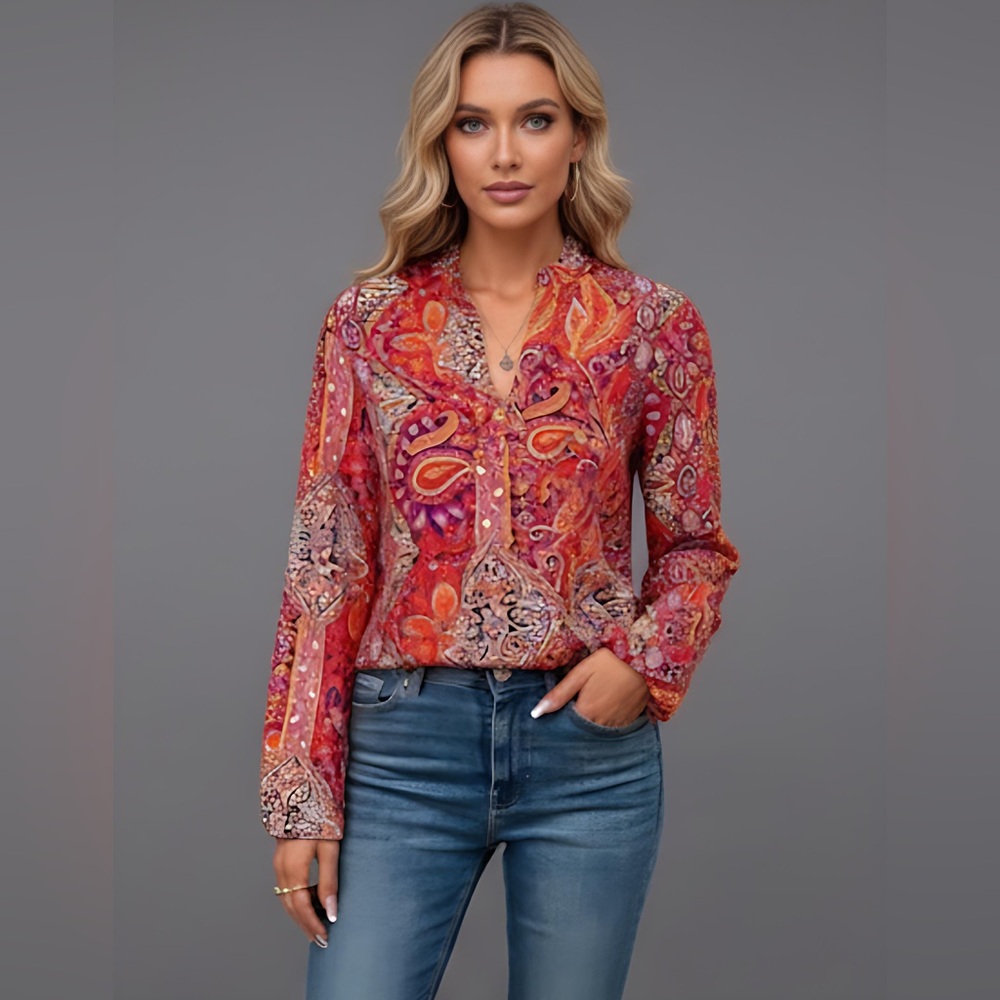 Paisley Print Notched Neckline Blouse